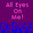 Pixelated text 'All Eyes On Me!' in pink on purple background with blue pixelated shapes below.