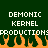 Green background with white pixelated text reading 'DEMONIC KERNEL' and 'PRODUCTIONS', orange flames at the bottom.