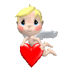 A cartoon angel with blonde hair and blue eyes holds a red heart, wings visible behind it against a gray background.