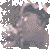 Pixelated image of a figure with dark hair and light skin, holding a white object near its face, surrounded by abstract gray and white shapes.