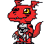 Red pixelated dragon-like creature with yellow eyes, white chest armor, and black accents in four distinct poses against gray background.