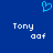 Blue background with a light blue pixelated heart symbol above two identical text blocks reading 'Tony' and 'aaf'.