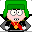 Pixelated cartoon character with green hair and black outfit, red-and-yellow scarf, showing multiple facial expressions including open mouth and glasses-wearing pose.