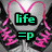 Pixelated icon with green text 'life = p' on black blocks, pink heart-shaped outline over gray background.