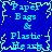 Blue background with cyan text reading "Paper Bags & Plastic Hearts" surrounded by green pixelated border, static image.