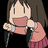 Pixelated anime-style character with short brown hair, wide eyes, and a large open mouth holding a microphone against black background.