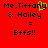 Red background with black pixelated text reading "Me,Tiffany & Hailey = Bffs!!" and a green animated heart symbol.