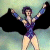Pixelated figure in purple bodysuit with black cape, arms raised, against gradient background.