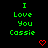 Green text reading "I Love You Cassie" on black background with red pixel hearts, arranged in a pattern