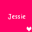 Pixelated pink background with four instances of the name 'Jessie' in white text and two heart symbols, one white and one light pink.