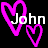 Static pixel art icon featuring a large pink heart outline with the name "John" in white text overlaid, accompanied by a smaller pink heart outline on a black background.