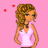 Pixelated cartoon-style icon shows a woman with curly brown hair in a white top and black pants against pink background with red squares.