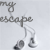 Pixelated grayscale icon shows a figure in motion with text 'my escape' above, legs extended as if running or jumping against light background.