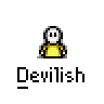 A 4x4 contact sheet of a pixel art animation featuring a yellow stick figure with white head and red hand gestures, labeled "Devilish" beneath each frame on a gray background.