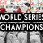 Animated sequence showing baseball players in uniforms with text overlays celebrating World Series victory and game scores.