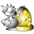 Pixelated image of a gray cartoon animal with antlers and a yellow bell-shaped object, both rendered in low-resolution blocky pixels.