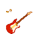 Red electric guitar with brown neck and white pickguard, surrounded by floating musical notes on gray background.