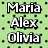 Green background with black dots, white text reading Maria, Alex, Olivia, BFFLs, and <33.