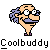 Pixel art icon of a cartoon character with light skin, purple hair, glasses, and a mustache standing above the text "Coolbuddy" on a gray background.