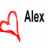 Red pixelated heart outline next to black text reading 'Alex' on white background.