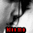A grayscale pixelated image shows a partial figure with flowing hair and a black garment, overlaid by red text reading 'HIMM' on a dark bar at the bottom.