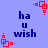 Blue background with repeated dark blue text 'ha u wish' and red square-dot patterns in corners.