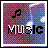 Pixelated icon with musical note and 'MUSIC' text on a multicolored pixel grid background.