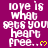 A static image with repeated text 'love is what sets you heart free...' in white pixelated font on a magenta background, each line ending with three dots and a yellow heart symbol.