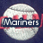 Four circular baseball-themed icons with red stitching on a dark blue background, each displaying partial text fragments.