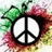 A peace symbol with a green leafy top and red-pink floral background, rendered in pixelated style.