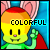 A yellow cartoon character with red hair and green body waves a hand against a blue background with pink ears, text 'COLORFUL' appears in blue and red letters.