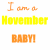 Pixelated text displays 'I am a November BABY!' in four color variations: orange, gray, yellow, and red with black outlines.