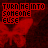 Red butterfly icon with repeated text 'TURNMEINTO SOMEONE ELSE' in pixelated font, dark background, and visible digital noise.