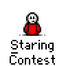 A 3x2 contact sheet of a pixel art animation featuring a red-shirted stick figure with white face and black eyes, displayed across five sampled frames on a gray background.