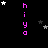 A black background with vertical pink text 'hiya' repeated in four , surrounded by scattered white and gray stars, with a gray rectangle in the bottom-right corner