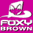 A 4-frame animated contact sheet of a Foxy Brown buddy icon featuring stylized logo variations and a portrait, with pink/magenta backgrounds and pixelated text.