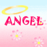 A static image with pink background, yellow halos above red text reading 'ANGEL', and small white flowers with yellow centers.