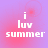 Pixelated text 'i luv summer' on a pink-purple gradient background with subtle circular patterns.