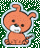 Pixelated orange cartoon animal with white mouth, black eyes, and light blue outline against green background; show slight head position shift