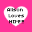 Four heart-shaped icons with text "Alison Loves HIM!!!" on a pink background, each with distinct pixelation levels.