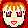 Pixelated character face with orange hair, red eyes, and a small nose on a dark red background.