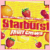 Yellow background with strawberries and orange slices, red 'Starburst' text, white 'Fruit Chews' banner, pixelated gray text above orange 'juicy?' on pink border.