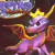Pixelated purple dragon with yellow crown and orange wings, smiling against dark background.