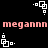Pixelated pink text 'megann' repeats across a black background with white square-and-dot patterns in four corners and center.
