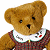 Brown teddy bear with dark eyes and nose, wearing a white collar with small patterns and red detail on the right side, against a split background of white and green.