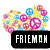 Colorful peace signs form a heart shape above a black banner with 'FRIEMOH' text, on a white background.
