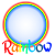 A circular rainbow-colored border encloses a light blue gradient center, with the word 'Rainbow' in multicolored pixelated text below.