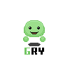 Green pixelated character with smiling expression, two small round arms, and dark gray oval base beneath. Text "GRY" below in mixed green and black letters.