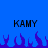 Blue background with two identical pixelated 'KAMY' text blocks above purple flame-like shapes.