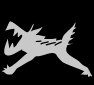 Two white silhouettes of a stylized animal-like creature on black background, first with open mouth and raised limbs, second in running pose.
